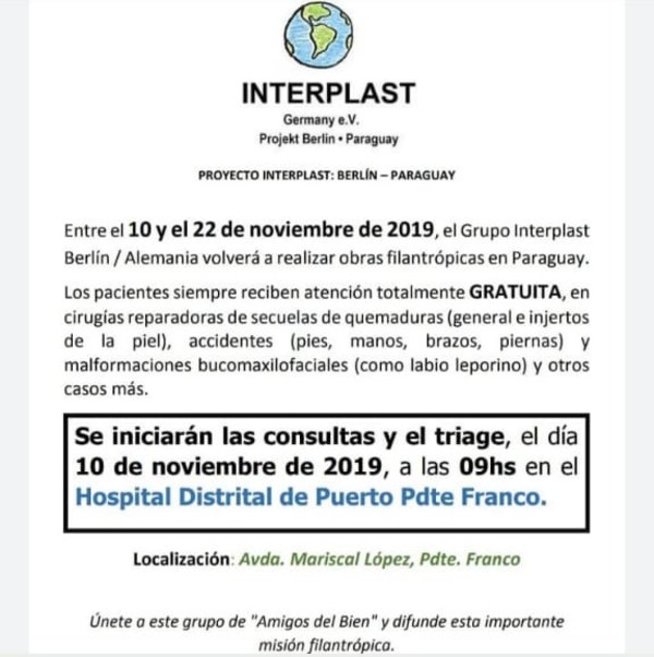 Médicos alemanes realizarán cirugías reconstructivas en el Hptal. de Pdte. Franco