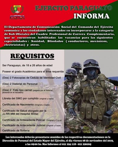 Ejercito paraguayo informa que tiene varios puestos vacantes | San Lorenzo Py
