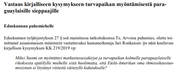 Ministra del Interior de Finlandia respondió sobre refugio a Arrom, Martí y Colmán