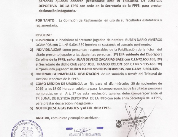 Suspenden a jugador y sumarian a directivos por presunta falsificación de ficha