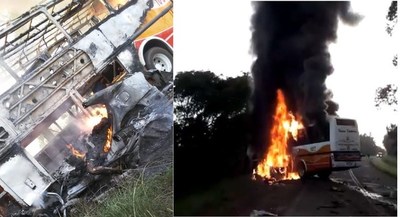 Dos fallecidos y un herido grave en choque entre ómnibus y automóvil. Ambos rodados se incendiaron - ADN Paraguayo