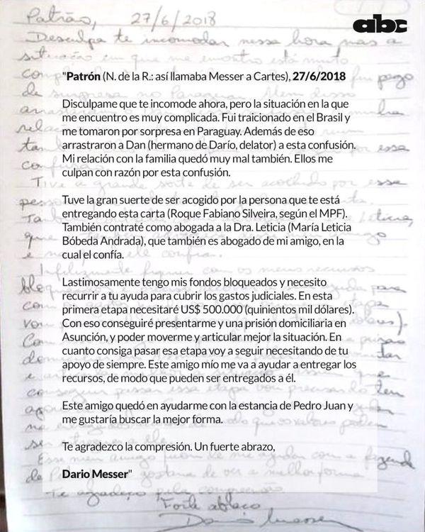 Cartes dijo que nunca recibió la carta de Messer, según Alliana - Nacionales - ABC Color
