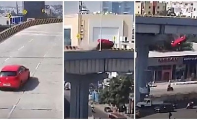 Automóvil fuera de control cae de un puente sobre transeúntes.