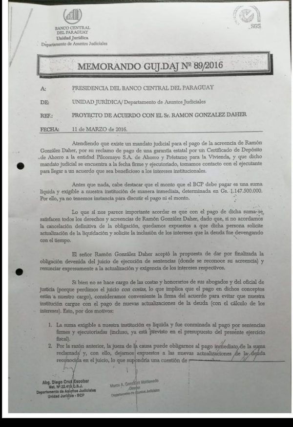 BCP pagó a González Daher G. 1.147 millones