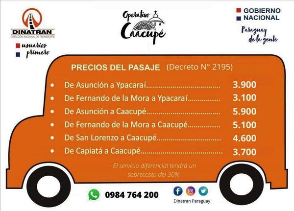 Dinatran da a conocer precios de pasajes para Operativo Caacupé •