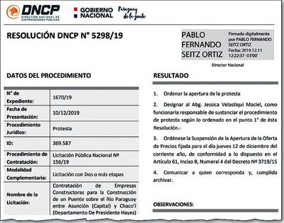 DNCP sustancia sorpresiva protesta en licitación para el puente Chaco’i - Economía - ABC Color