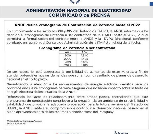 ANDE: Sin aumento hasta el 2022