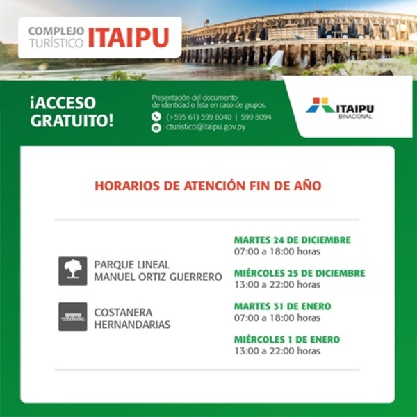 Horarios especiales por fiestas de fin de año en complejos de Itaipú