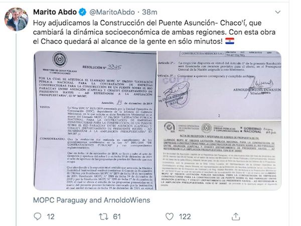 MOPC adjudica construcción de puente entre Asunción y Chaco´i