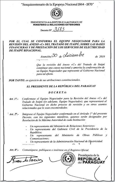 Gobierno crea equipo negociador que revisará  Anexo C del Tratado de Itaipú - Economía - ABC Color