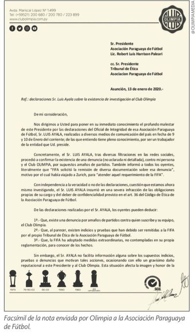 Olimpia responde con una amenazante nota