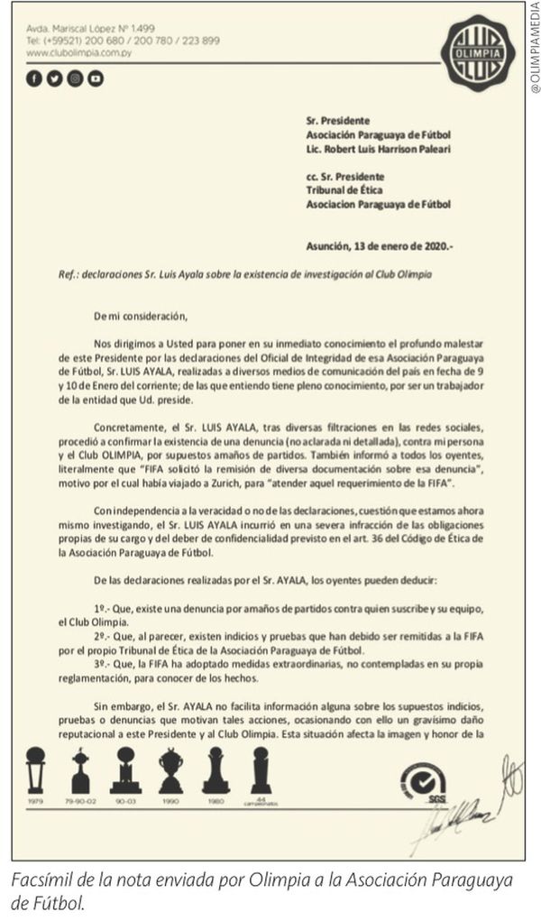 Olimpia responde con una amenazante nota