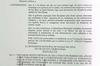 La comuna de CDE declara asueto distrital para el 3 de febrero