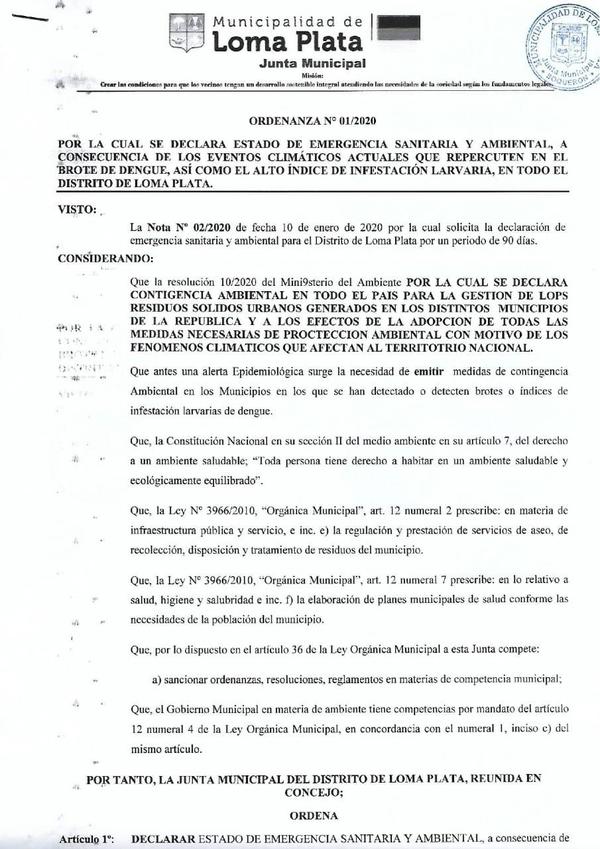 Declaran estado de emergencia ambiental en Loma Plata