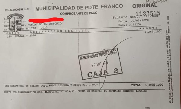 Presidente Franco: Ligó multa de G. 1.265.000 por quemar basura