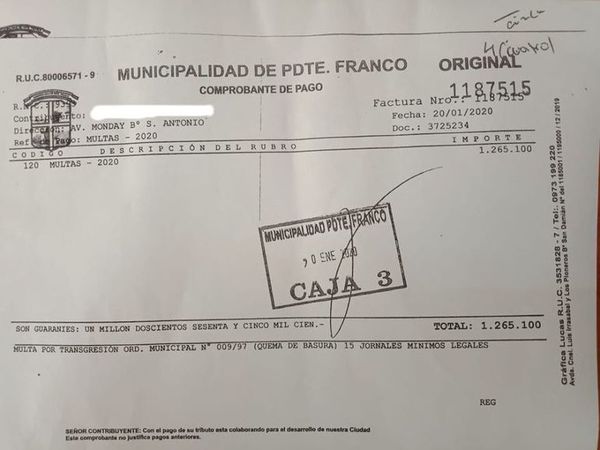 Primera multa por quema de basura en Franco - ABC en el Este - ABC Color