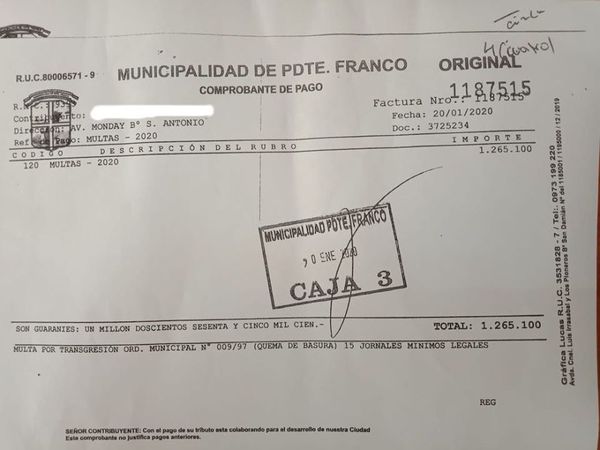 Comuna de Franco aplicó multa de más de G. 1.200.000 a un ciudadano por quemar basuras - ADN Paraguayo