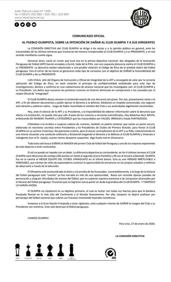 El comunicado del Decano - Olimpia - ABC Color