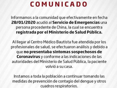 Coronavirus: sanatorio dio un comunicado sobre paciente que vino de China