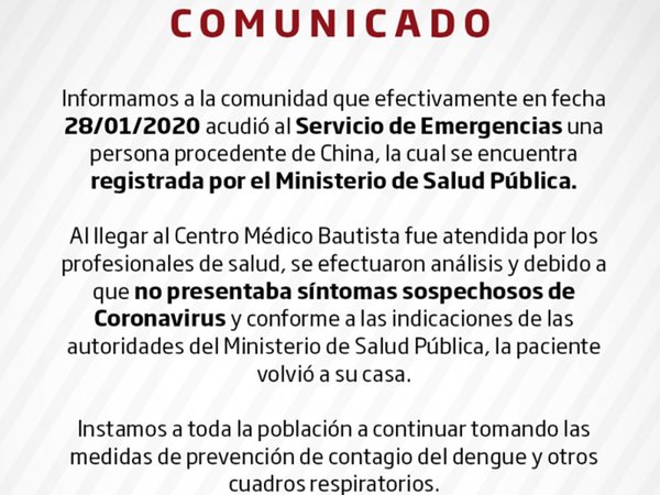 Coronavirus: sanatorio dio un comunicado sobre paciente que vino de China