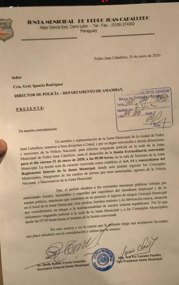 Solicitan custodia policial para reconsiderar intervención a comuna pedrojuanina - Nacionales - ABC Color