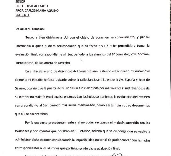 UNA: profesor pidió que se vuelva a rendir porque le robaron las hojas de evolución del examen