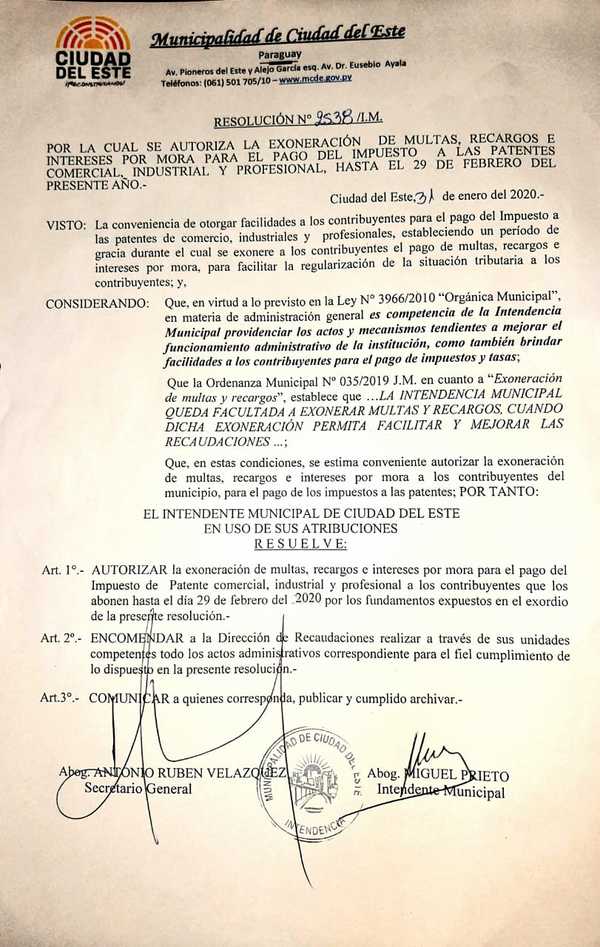 En febrero, exoneran multas por mora en pago de patentes en comuna de CDE - ADN Paraguayo