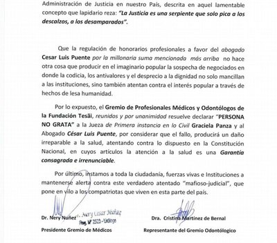 Médicos de la Fundación Tesãi declaran persona no grata a abogada y demandante por embargo a la institución - Nacionales - ABC Color
