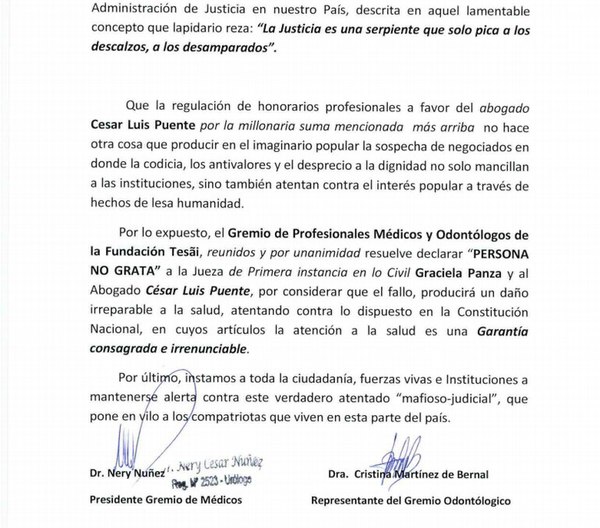 Médicos de la Fundación  Tesãi declaran persona no grata a abogada y demandante por embargo a la institución  - Nacionales - ABC Color