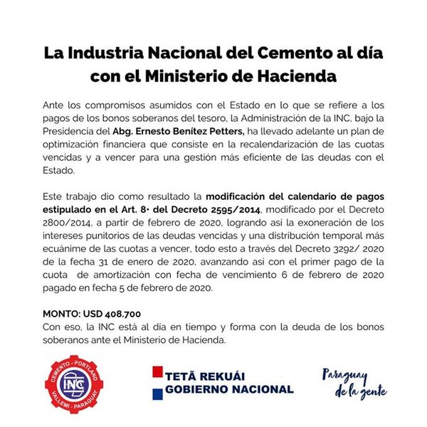 Industria Nacional del Cemento está al día con el pago de bonos soberanos al Ministerio de Hacienda - .::RADIO NACIONAL::.