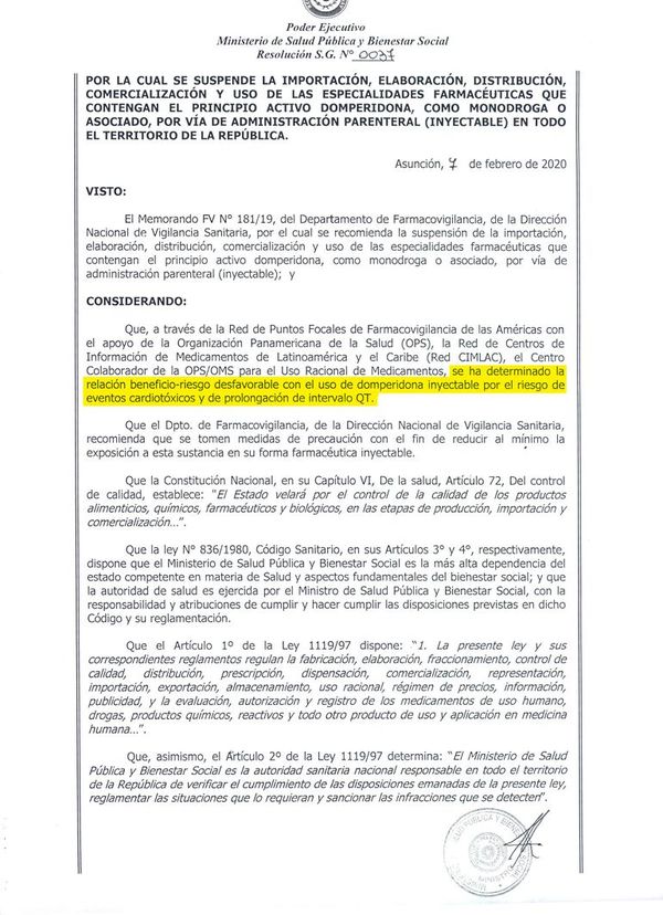Por riesgos cardíacos, Ministerio de Salud dispuso retirar Domperidona inyectable - La Primera Mañana - ABC Color