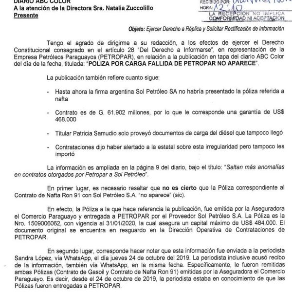 Petropar confirma que Poliza para contratación de Nafta 91 de Sol Petróleo fue publicada desde Octubre en DNCP