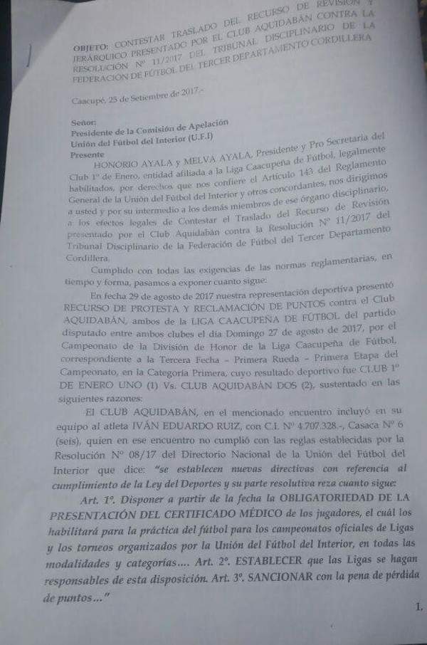 1RO de Enero presentó su defensa | Info Caacupe