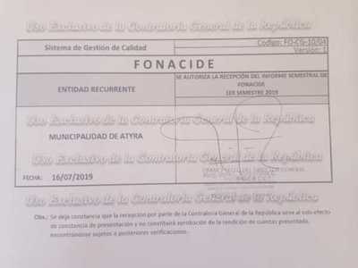 Municipalidad de Atyrá presenta en forma y fecha rendición de recursos FONACIDE 2019 | Info Caacupe