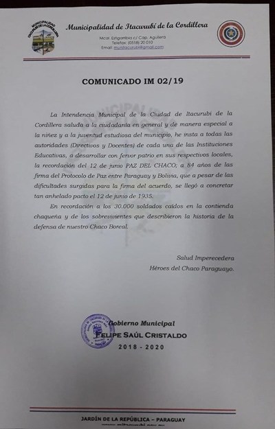 Itacurubí insta a Escuelas a rememorar el Día de la Paz del Chaco | Info Caacupe