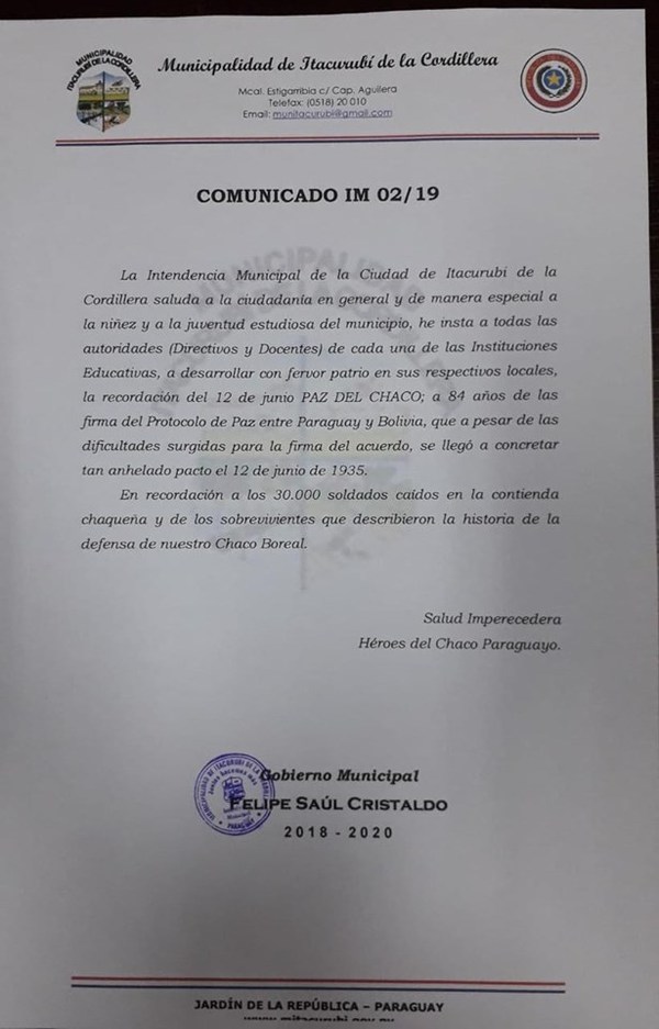 Itacurubí insta a Escuelas a rememorar el Día de la Paz del Chaco | Info Caacupe