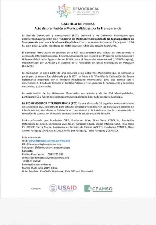 La Municipalidad de San Bernardino será premiada por la Red de Democracia y Transparencia | Info Caacupe