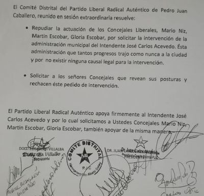 Bases liberales de Pedro Juan y Zanja Pytá apoyan al intendente José Carlos Acevedo