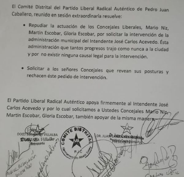 Bases liberales de Pedro Juan y Zanja Pytá apoyan al intendente José Carlos Acevedo
