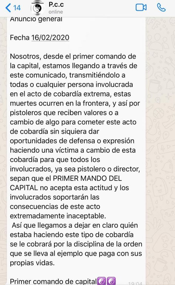 Vía mensaje el PCC supuestamente advierte a responsables de la muerte de Leo Veras