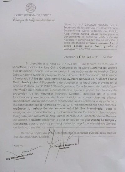 Ya es el colmo. Ahora se falsifican hasta las firmas de ministros de la Corte, según denuncia - ADN Paraguayo