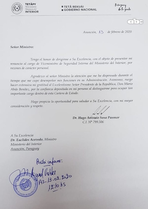 Hugo Sosa Pasmor renunció al cargo de Viceministro de Seguridad Interna por “motivos personales” - Notas - ABC Color