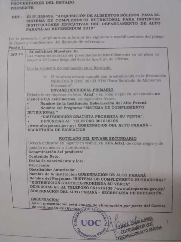 Denuncian trampas en licitación de meriendas en la gobernación de Alto Paraná - Informate Paraguay