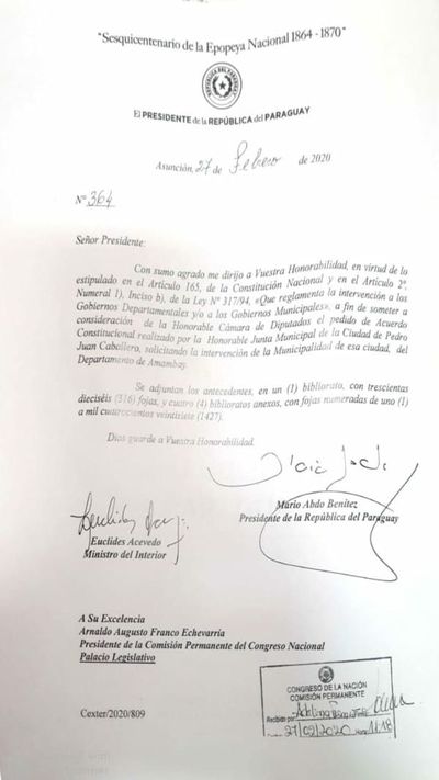 Presidente remite a Diputados pedido de intervención de comuna pedrojuanina - Nacionales - ABC Color