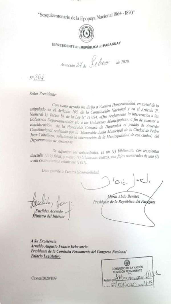 Presidente remite a Diputados pedido de intervención de comuna pedrojuanina - Nacionales - ABC Color