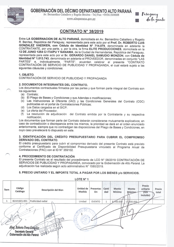 Irregularidades con dinero de la Gobernación del Alto Paraná para publicidad y propaganda