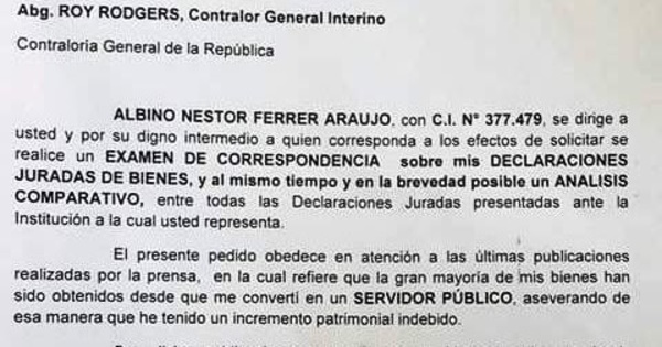 Ferrer pidió a la Contraloría un examen especial sobre sus bienes