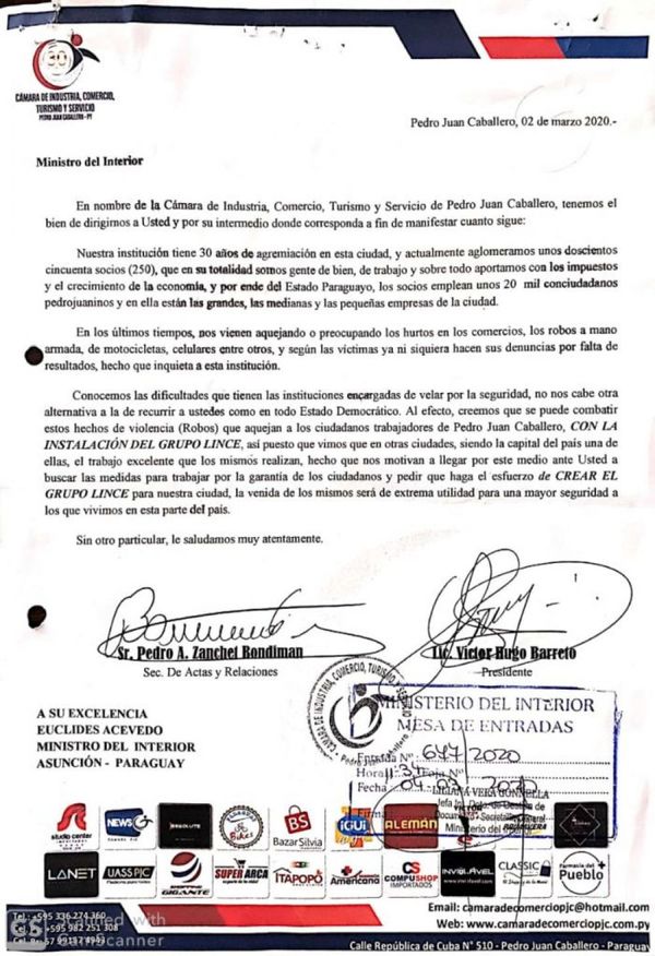 Comerciantes solicitan presencia del grupo LINCE en Pedro Juan