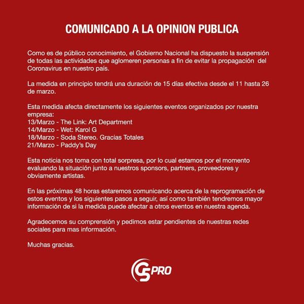 Productora de eventos definirá que hacer tras masivas suspensiones de eventos - Nacionales - ABC Color