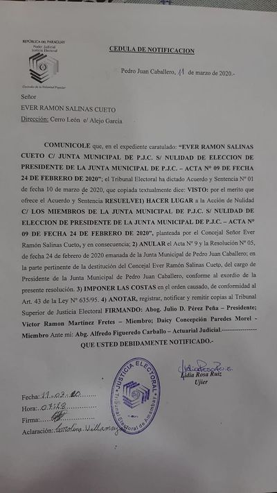 Juez electoral dice que Éver Salinas es el presidente de la Junta Municipal de PJC - Nacionales - ABC Color